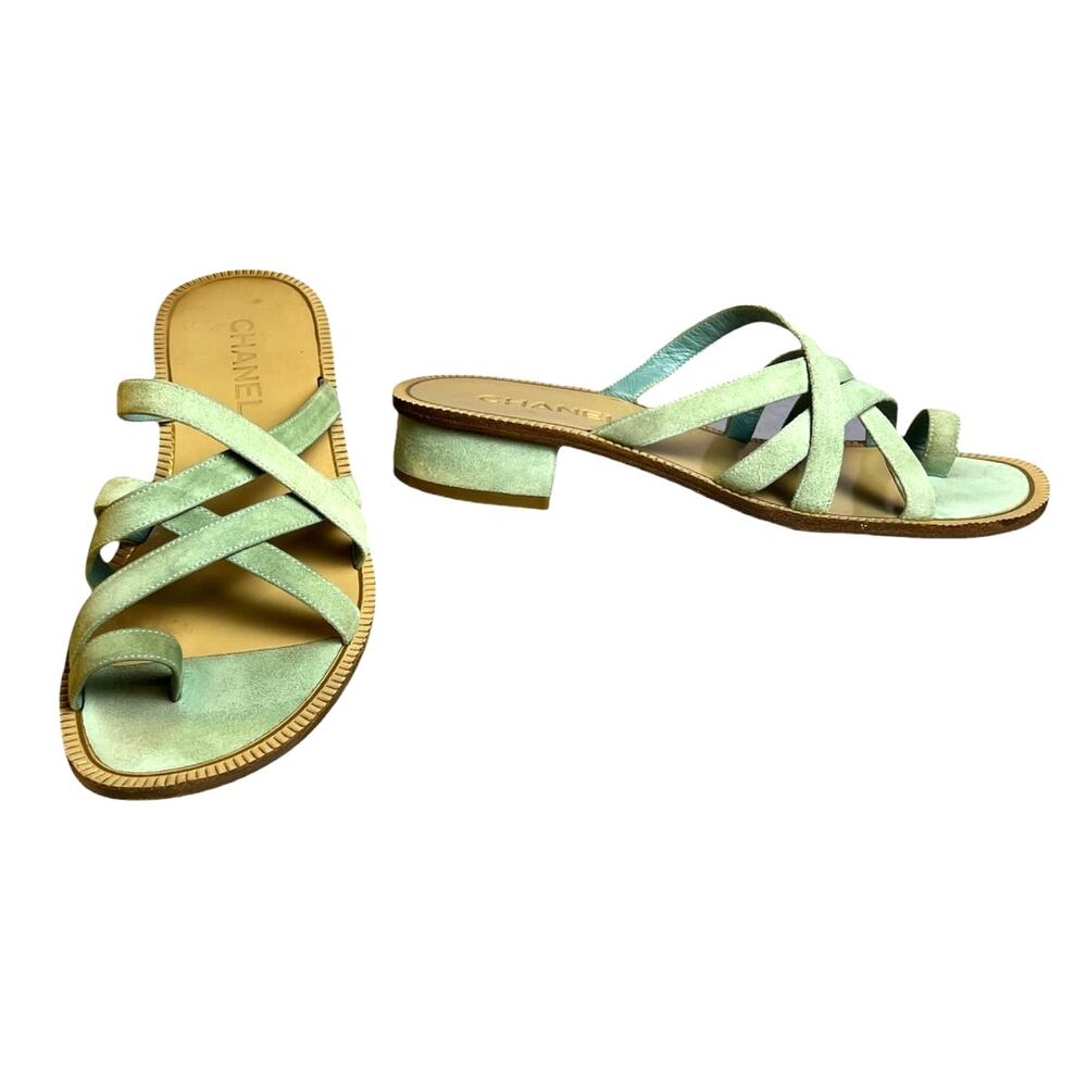 Chanel 18C Paris Greece CC Suede Slide Mule Sandals Seafoam 38.5 Rare - Picture 6 of 9